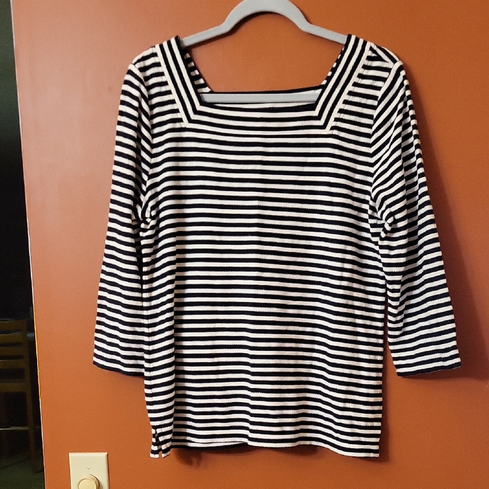 Talbots Black & White Striped Square-Neck Top